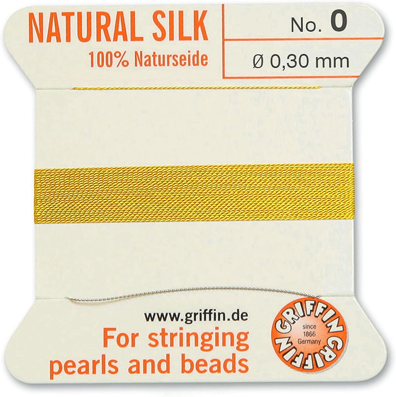 Griffin Silk Bead Cord Perlseide – Size 0 (0.30mm) – 2 Meters per Card – Stainless Steel Needle Attached – for Knotting Pearls, Gemstones, Crystals and Beads